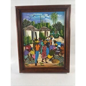 Vintage Haitian Folk Art Painting Signed Romuald Caribbean Village Hand Painted